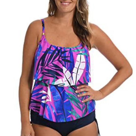 Tankini Plus Sz 18W Tropical Adj Straps Pullover Stretch Top Layered Ruffle - Picture 1 of 8